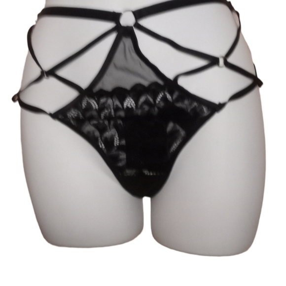 New Bras N Things Panties V String High Waisted Lace Strapping Strings Black - Picture 4 of 13